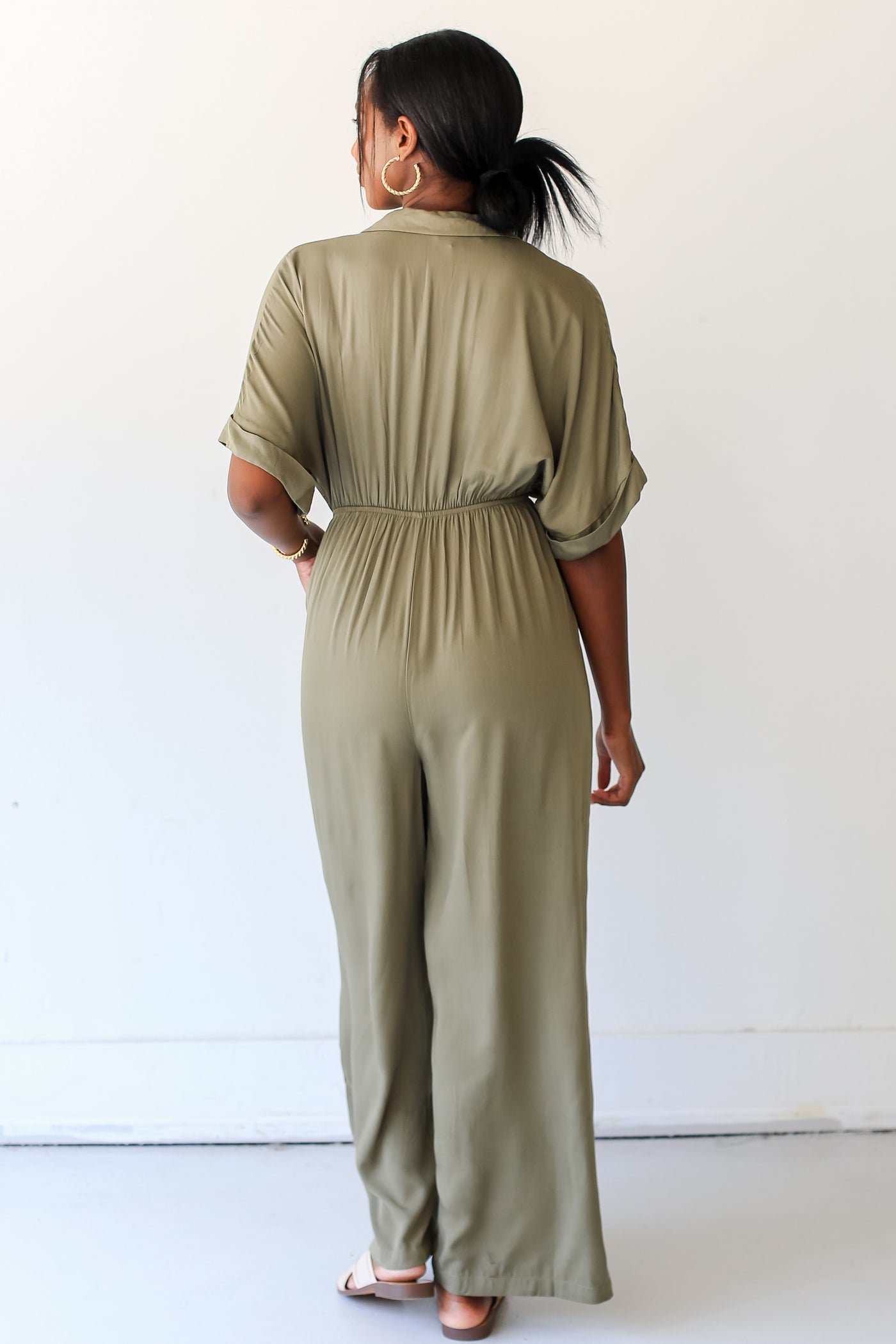 olive Collared Jumpsuit back view