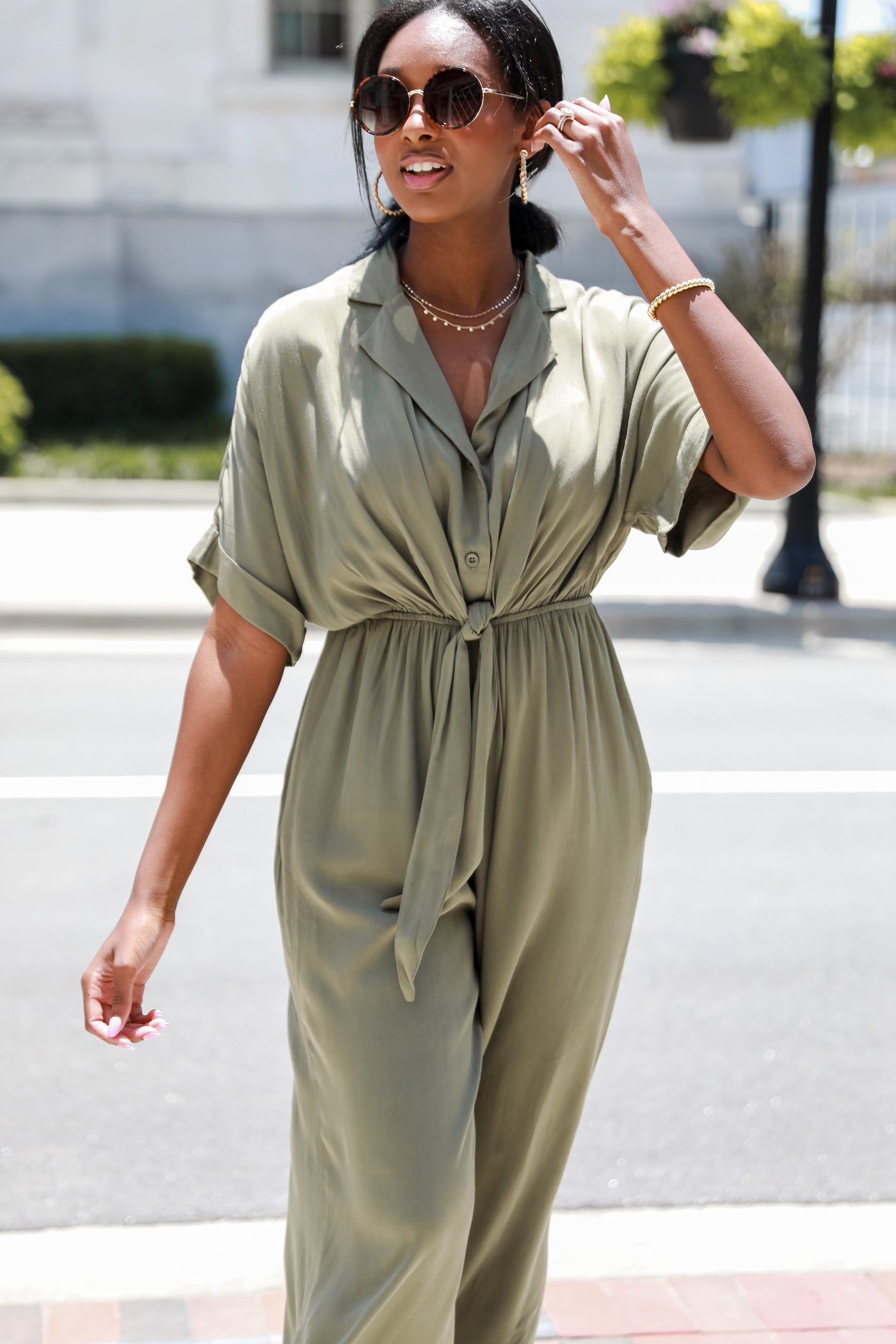 olive Collared Jumpsuit on model