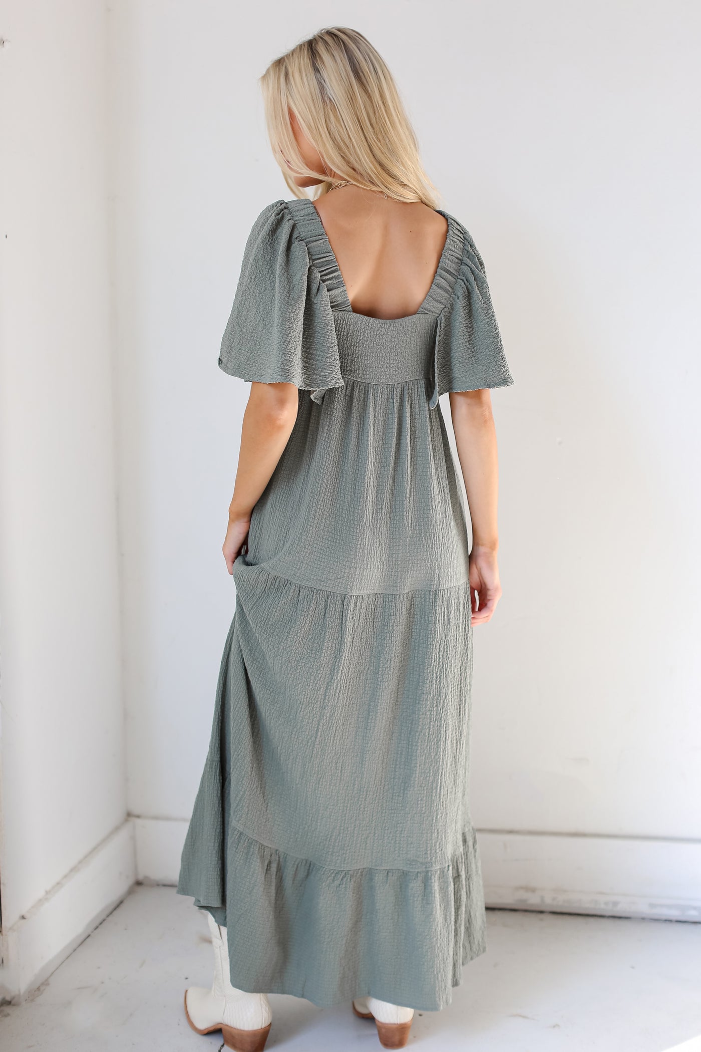 olive Tiered Maxi Dress back view