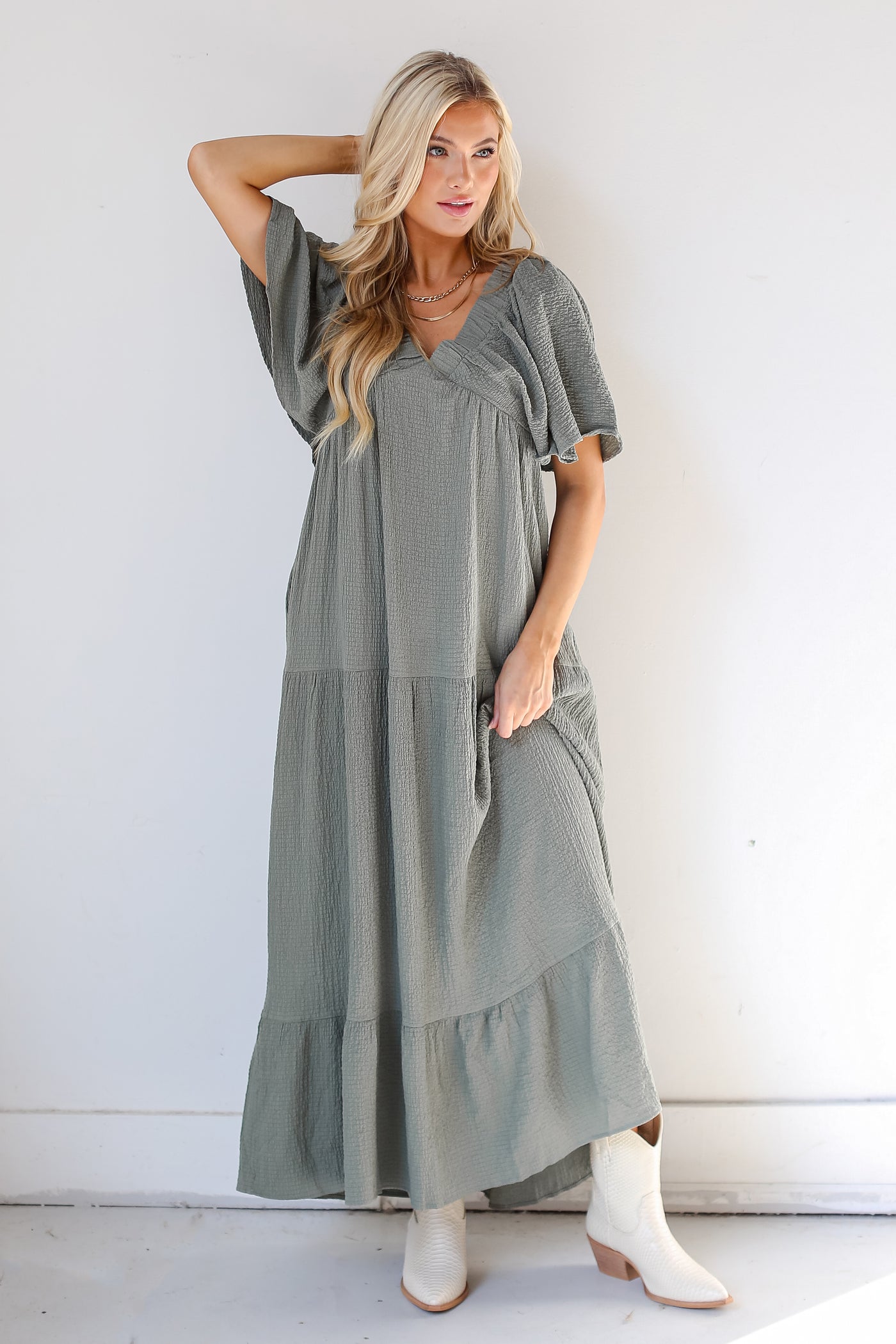 olive Tiered Maxi Dress on dress up model