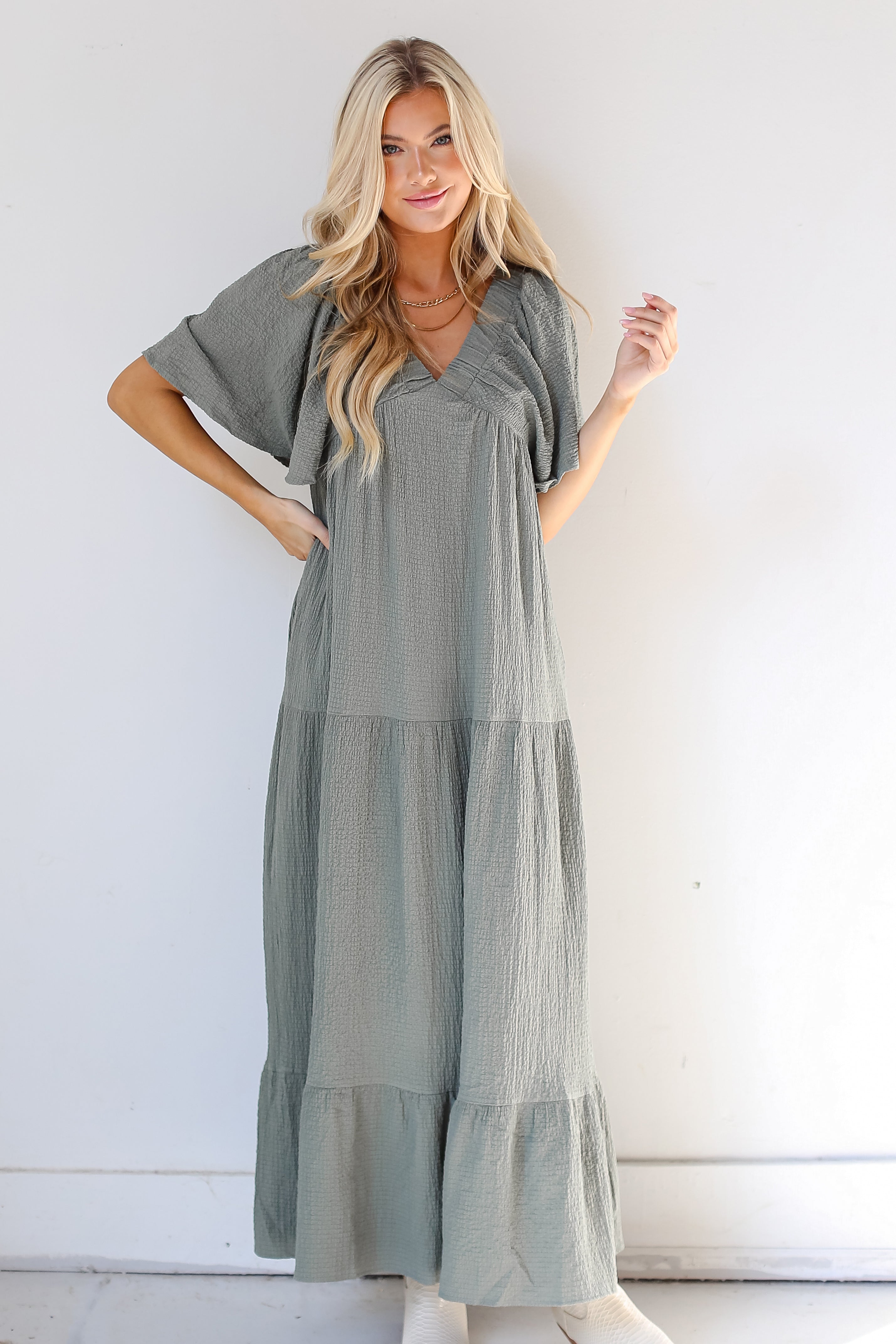 olive Tiered Maxi Dress front view