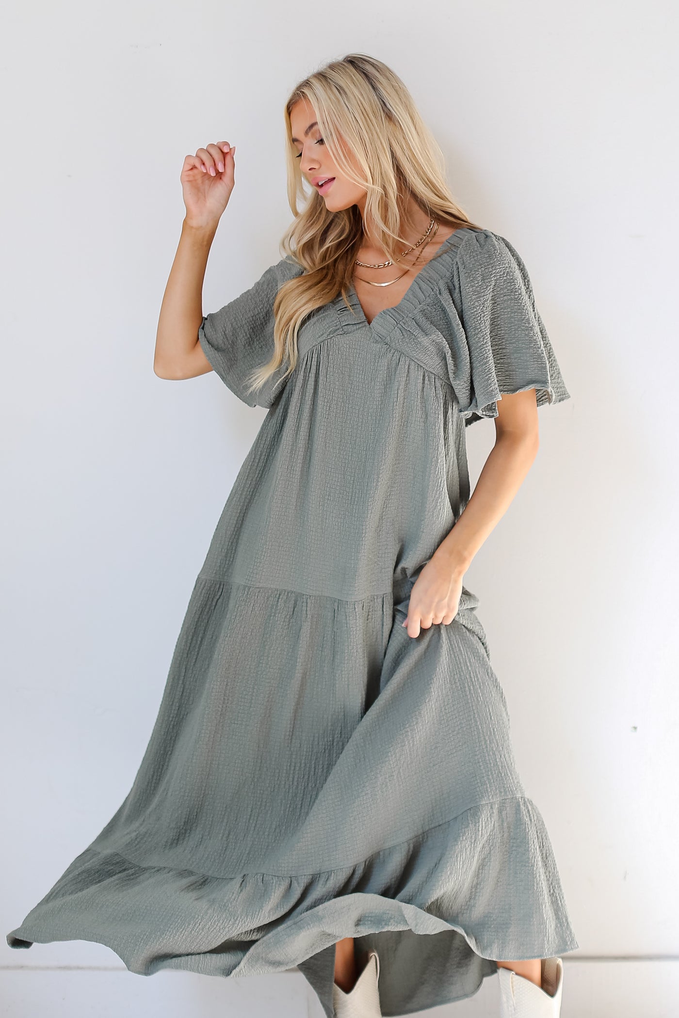 olive Tiered Maxi Dress front view