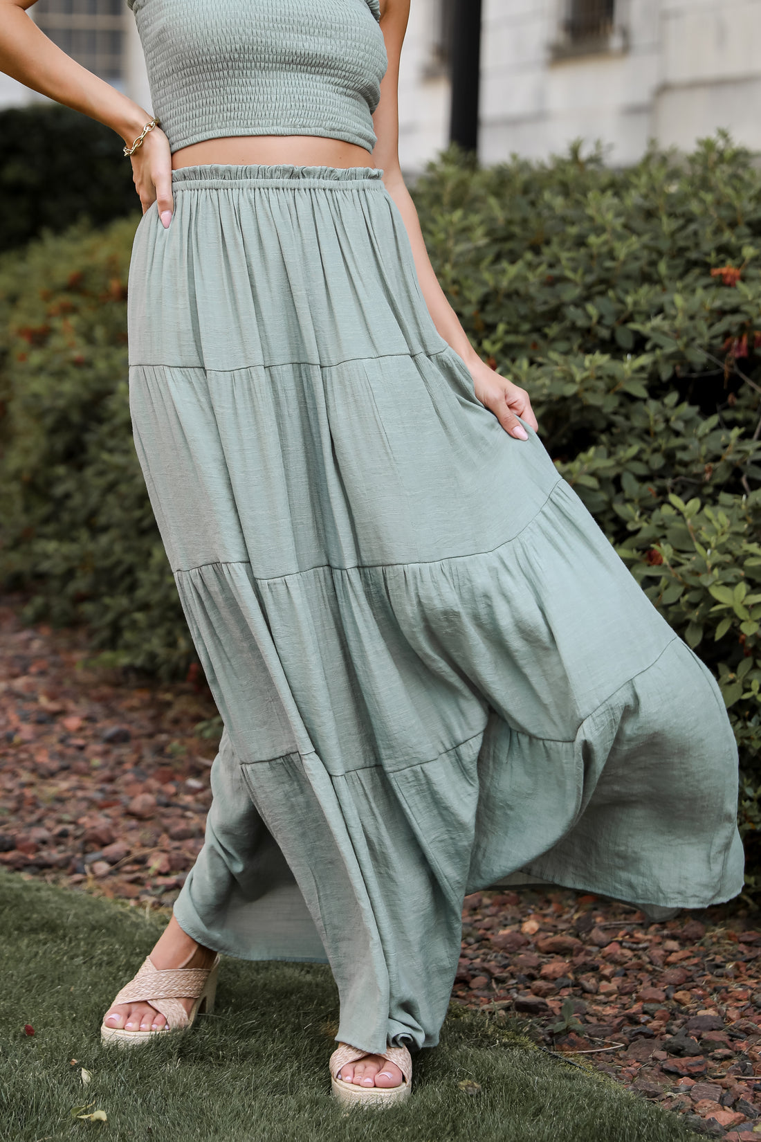 Olive Tiered Maxi Skirt