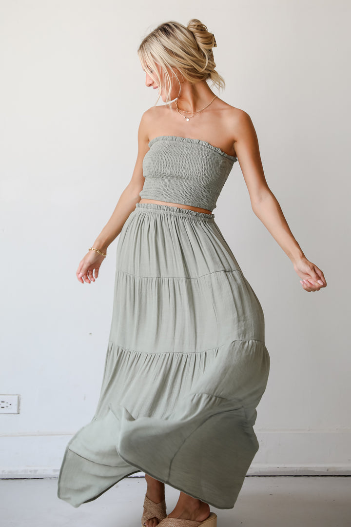 Olive Tiered Maxi Skirt for women