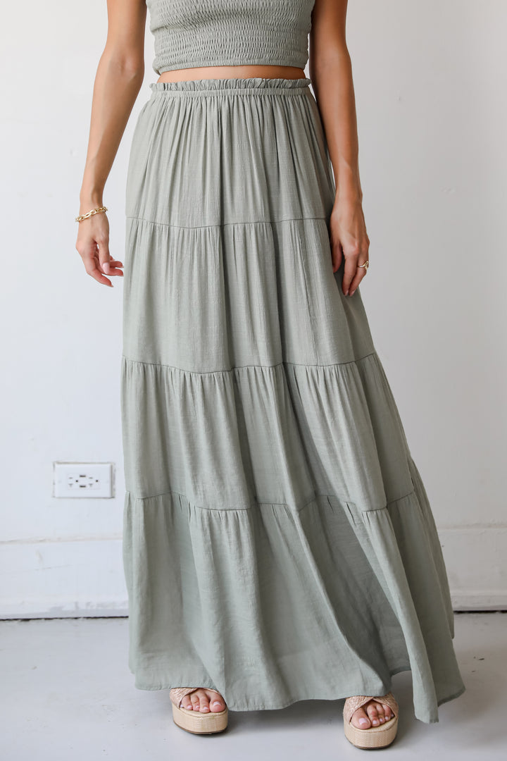 flowy Olive Tiered Maxi Skirt