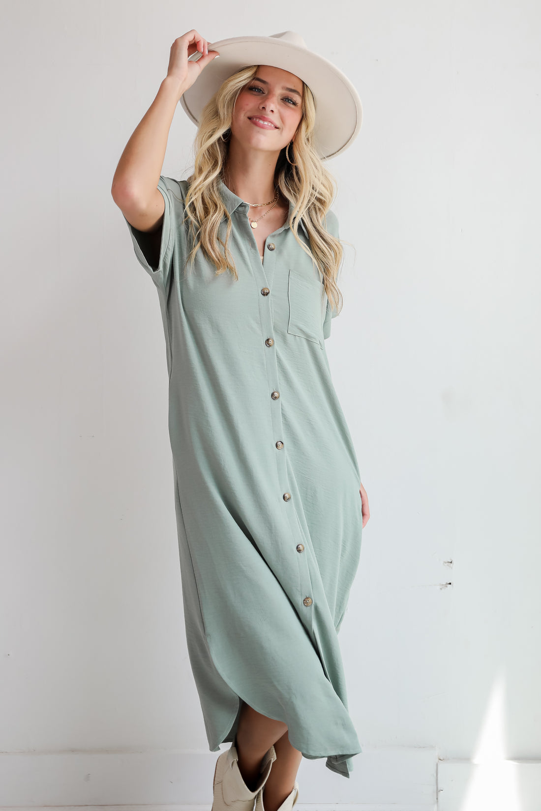 Radiant Moment Sage Button Front Midi Dress