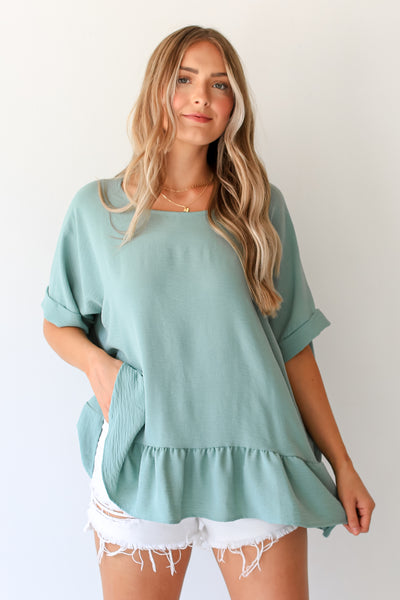 sage Oversized Ruffle Blouse front view