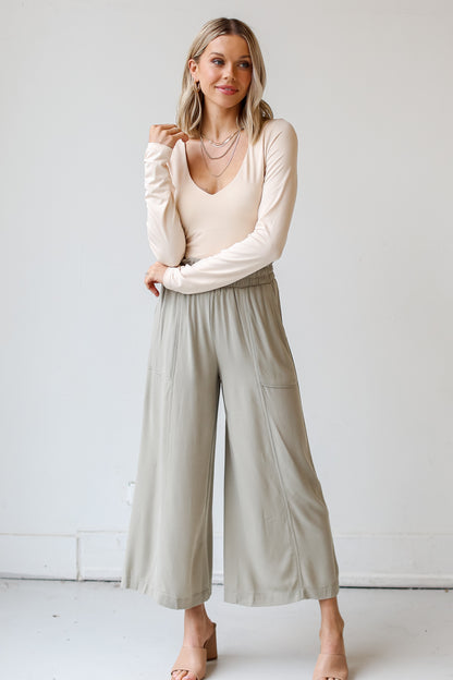 sage Paperbag Waist Pants on dress up model