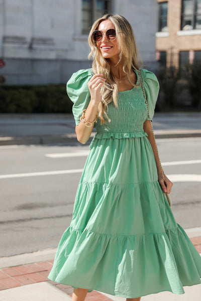 green Tiered Midi Dress on model