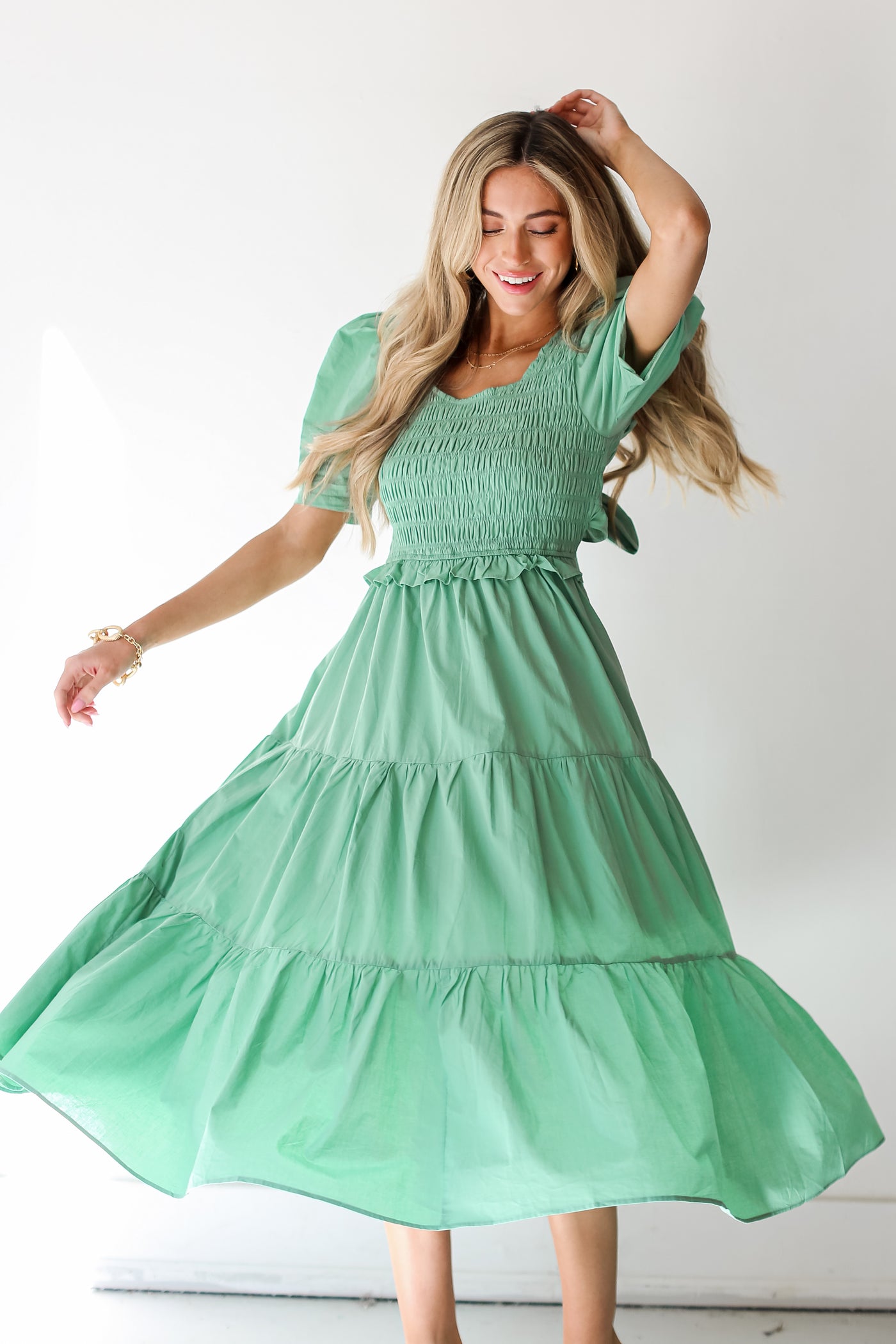 green Tiered Midi Dress front view
