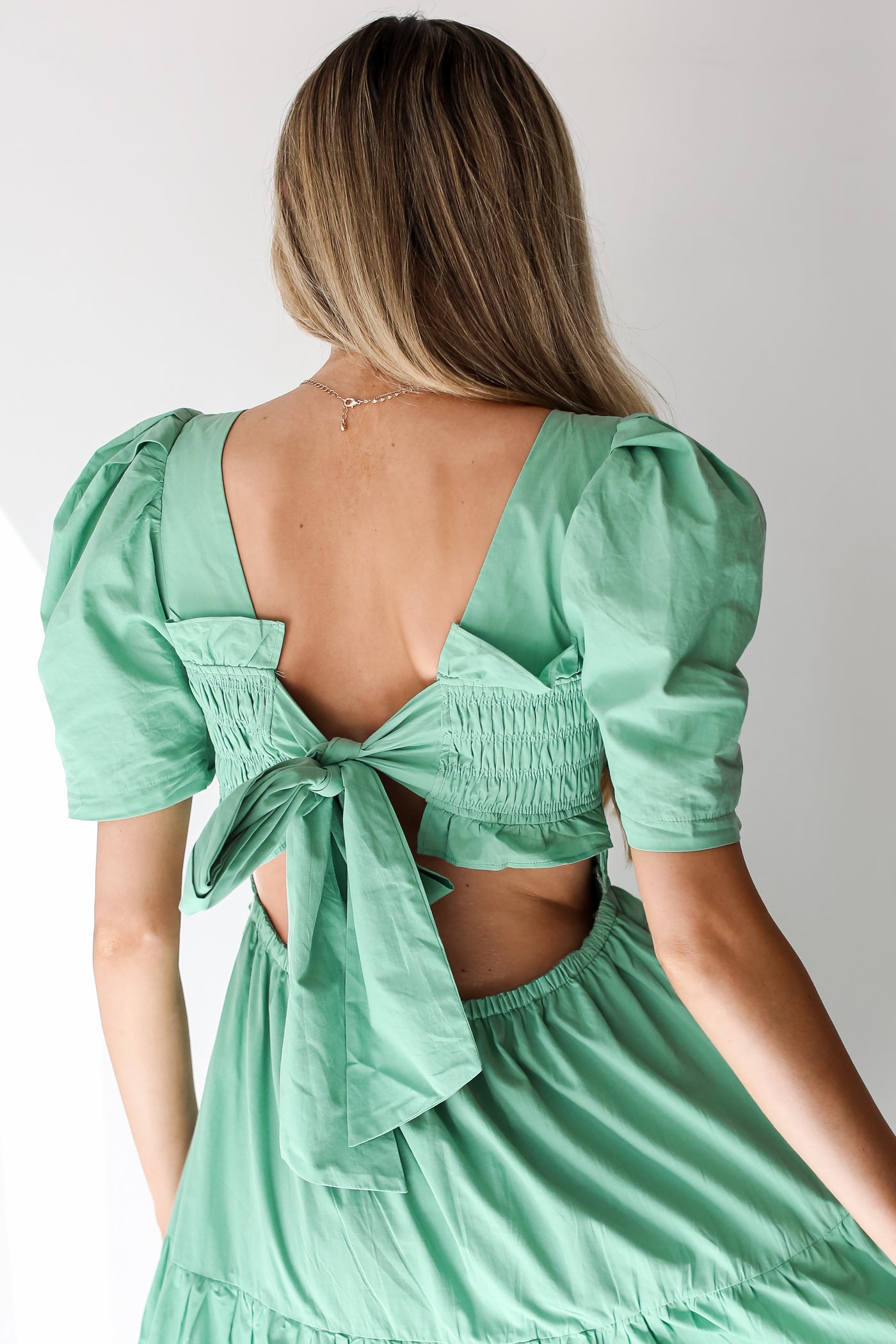 green Tiered Midi Dress back view close up