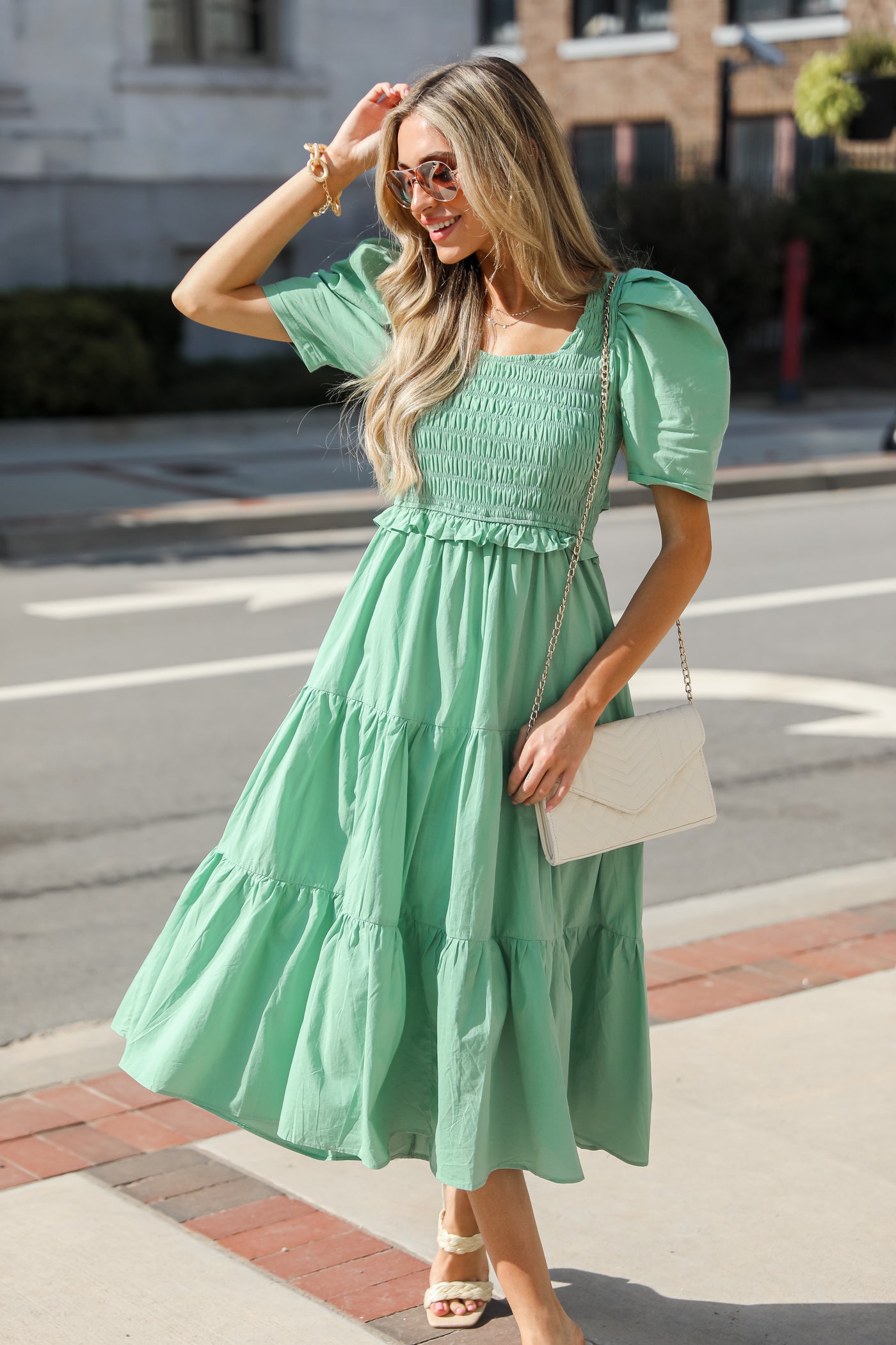 green Tiered Midi Dress