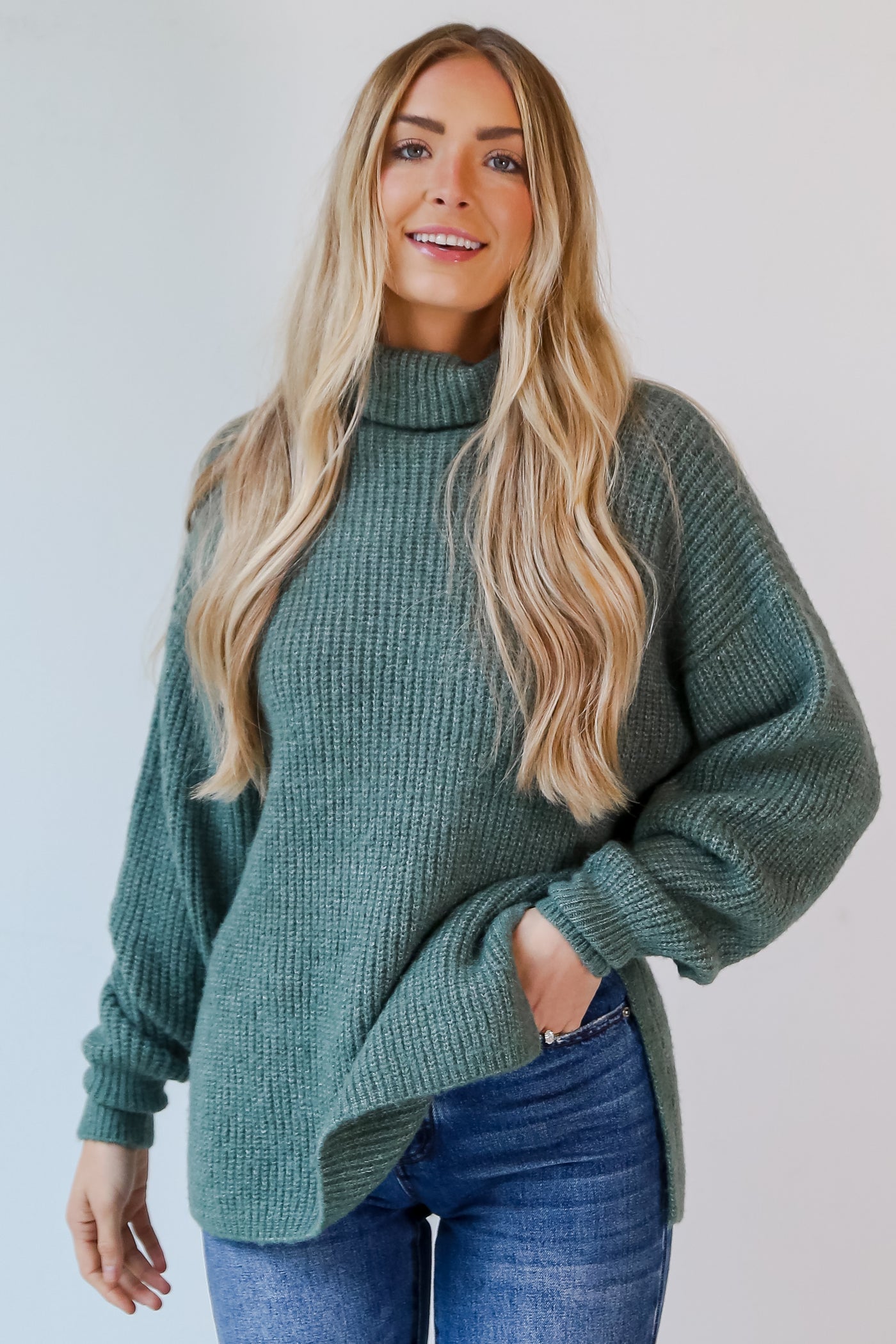 Sage Turtleneck Oversized Sweater front view
