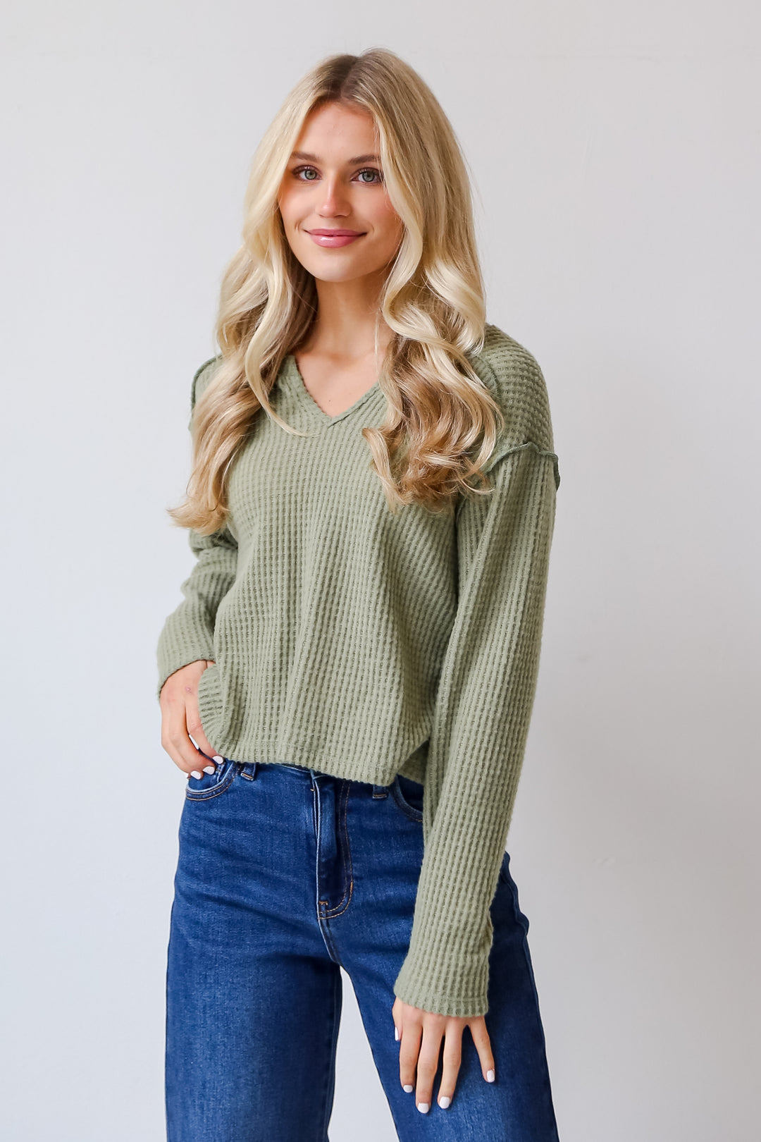 Sage Brushed Waffle Knit Top front view