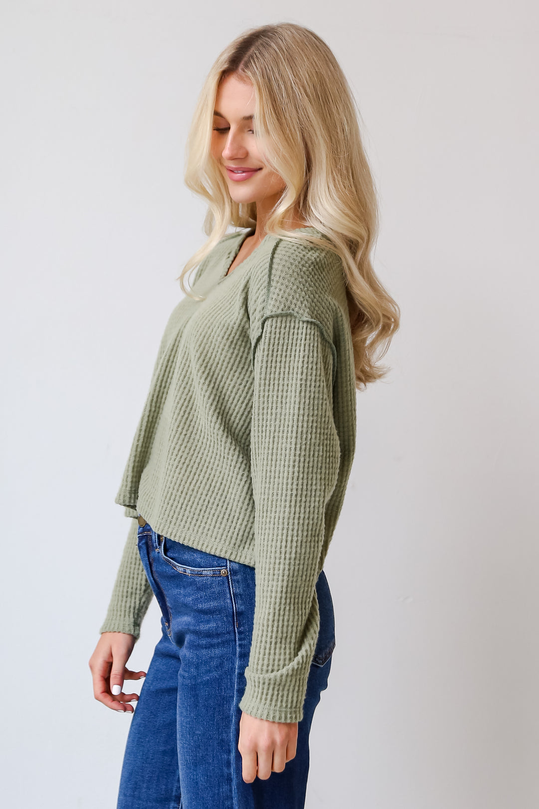 Sage Brushed Waffle Knit Top side view