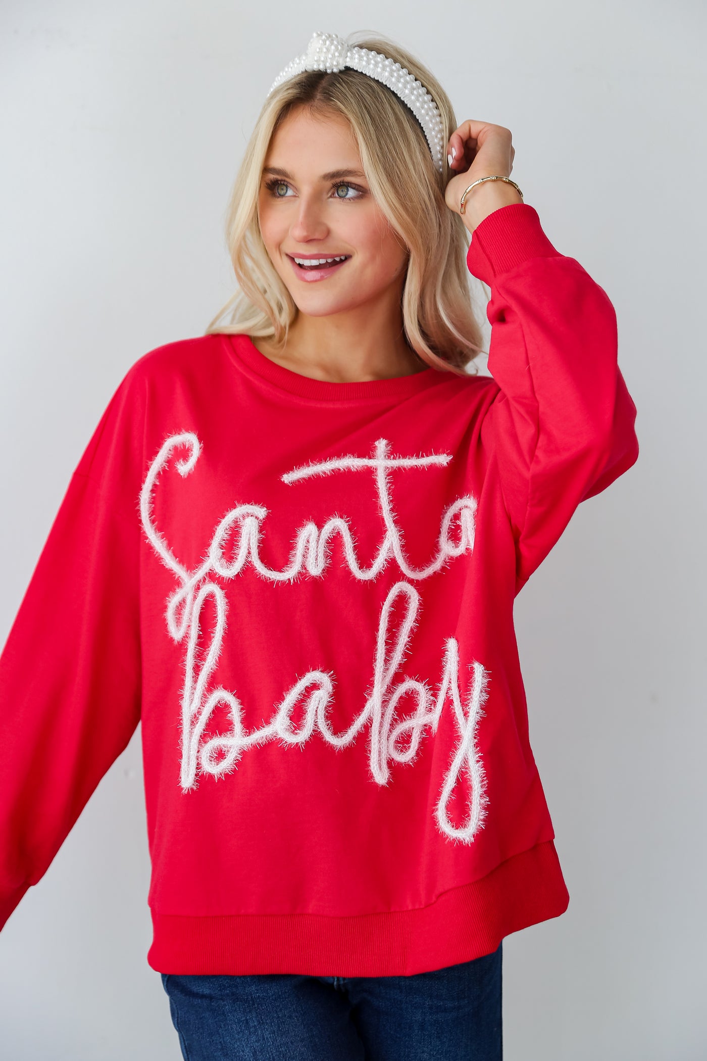 Red Santa Baby Metallic Letter Pullover front view