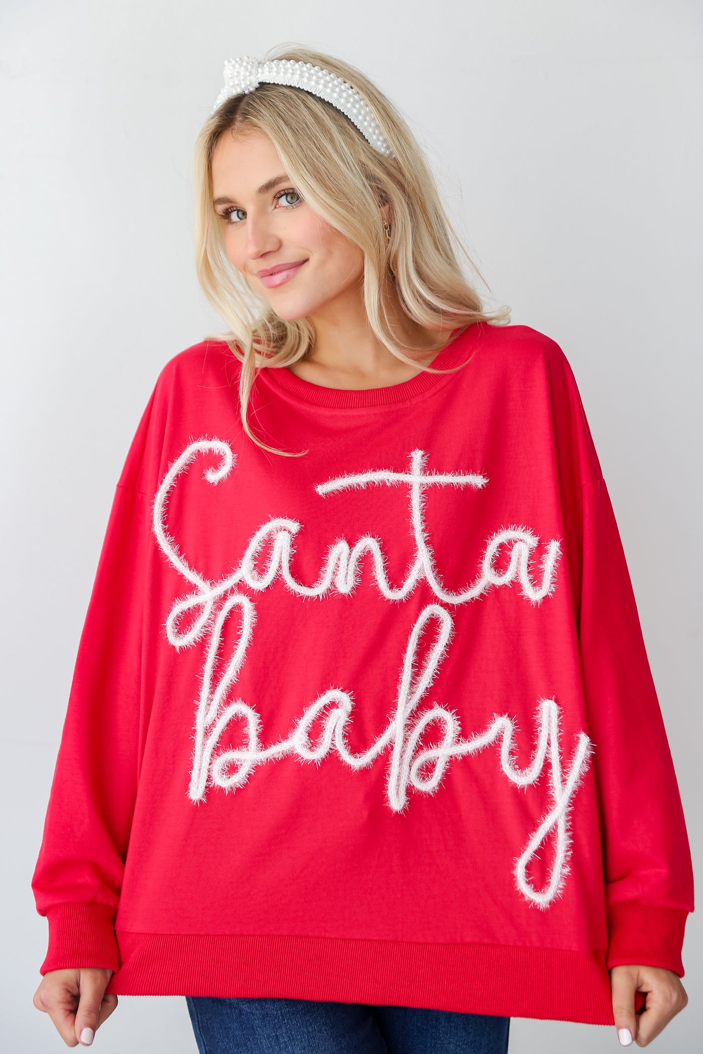 Red Santa Baby Metallic Letter Pullover close up