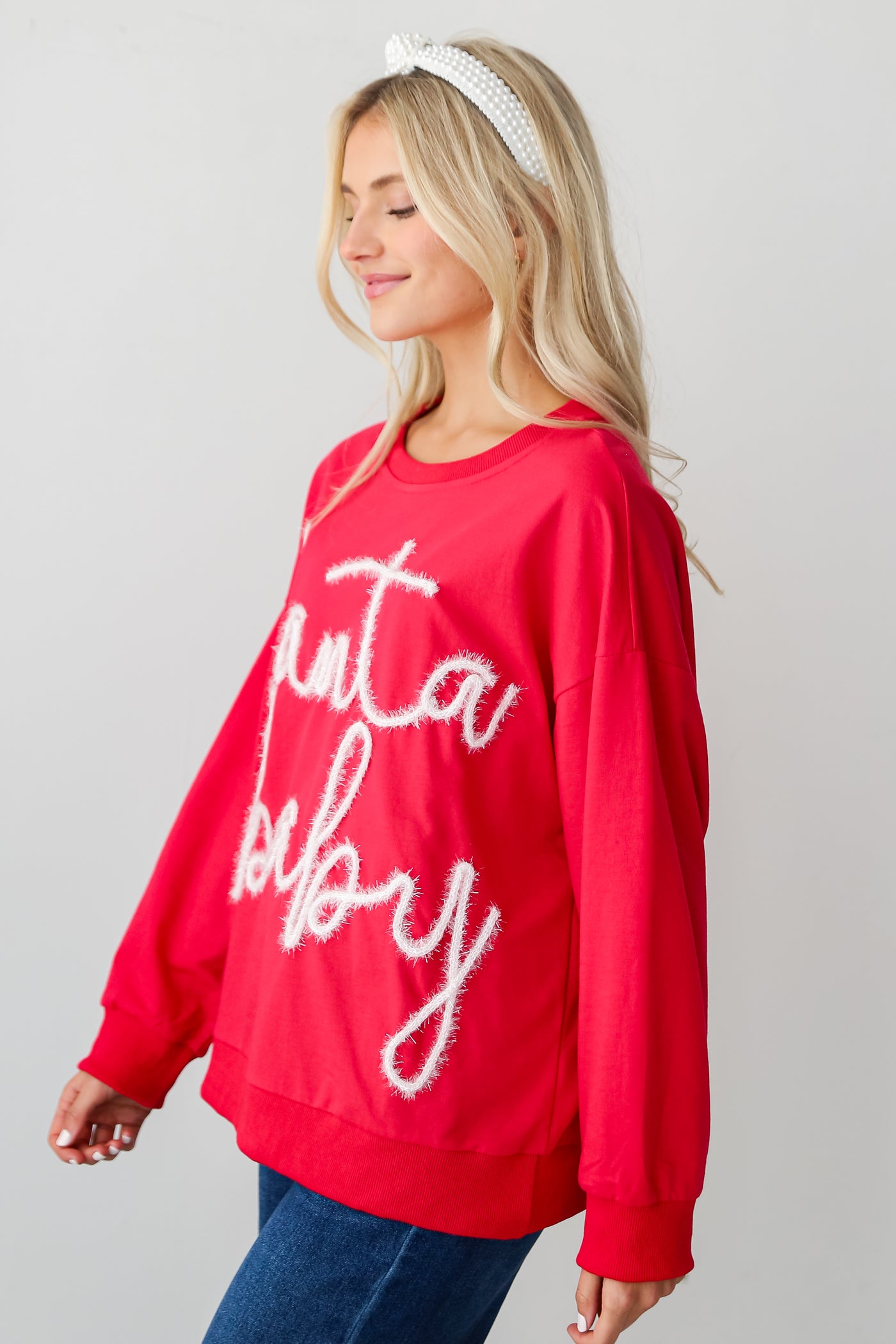 Red Santa Baby Metallic Letter Pullover side view