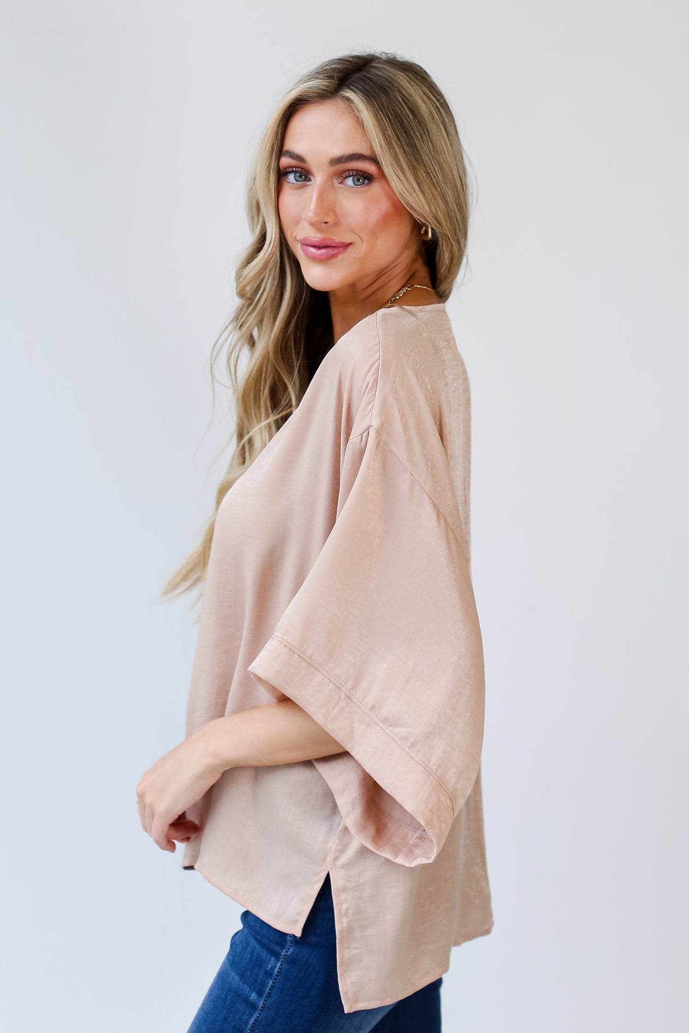 taupe Satin Oversized Blouse side view