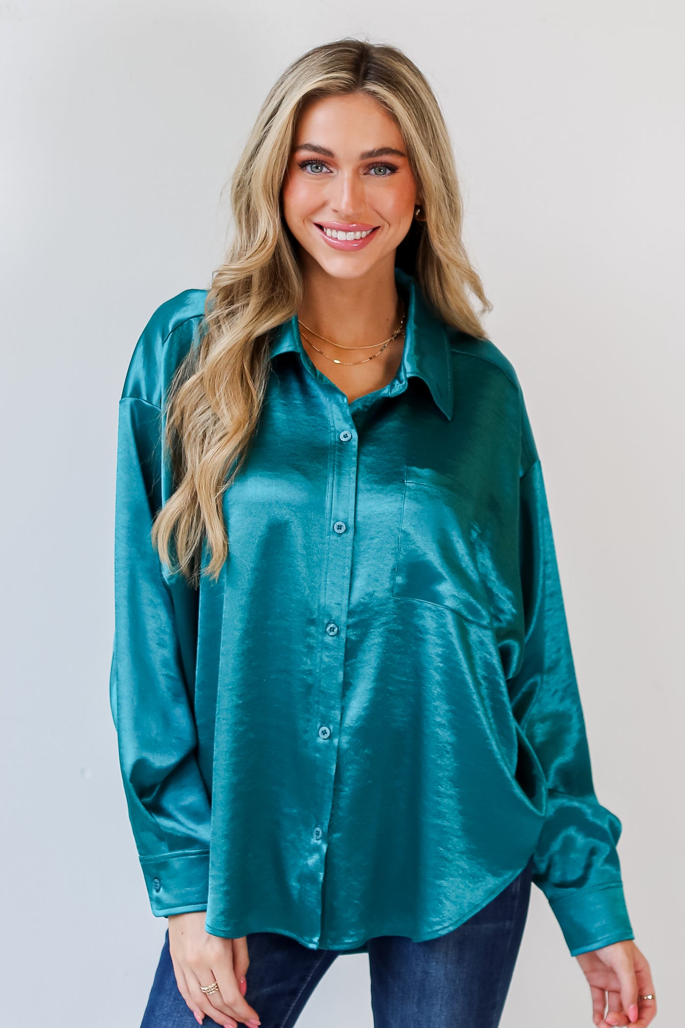 teal Satin Button-Up Blouse front view