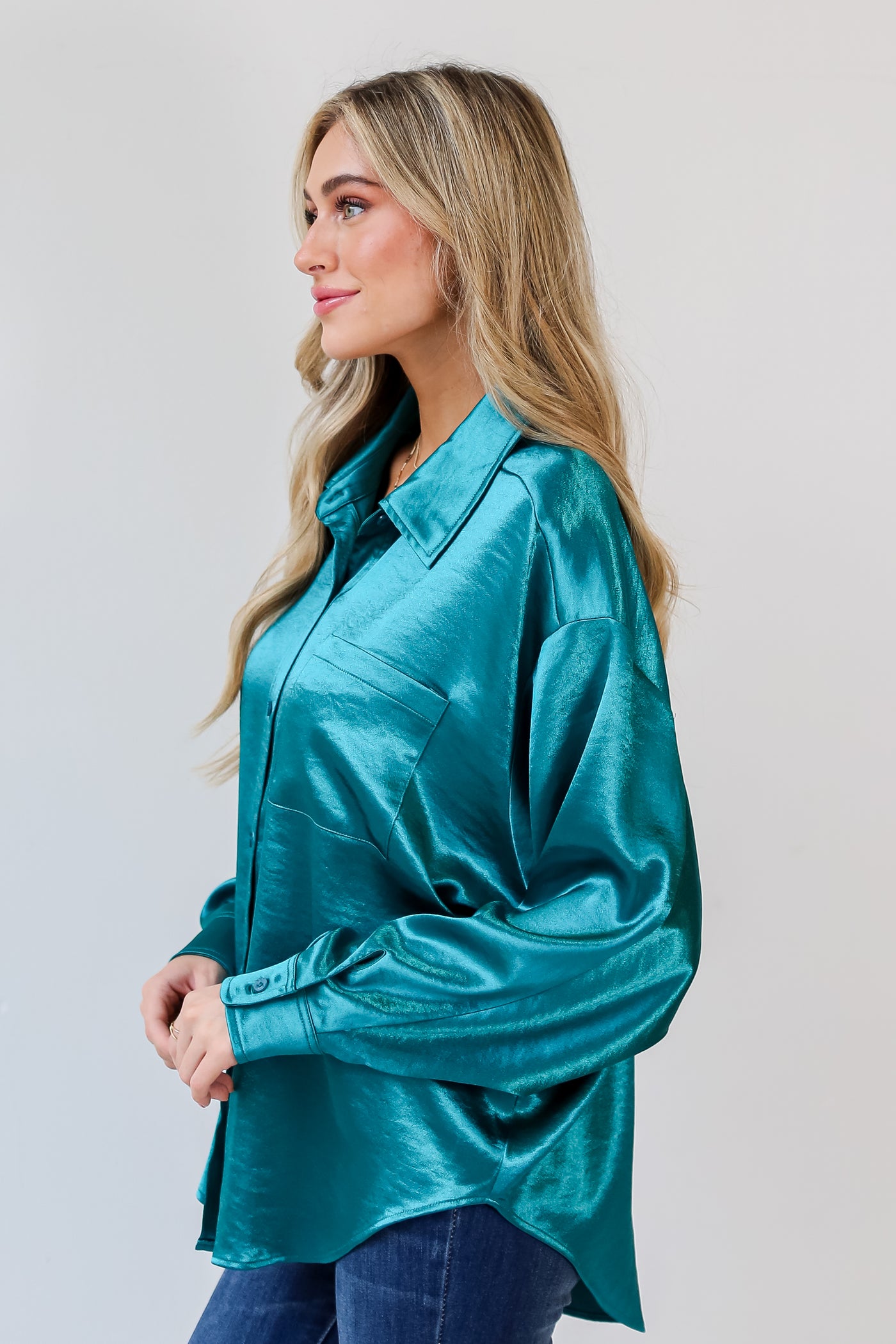 teal Satin Button-Up Blouse side view