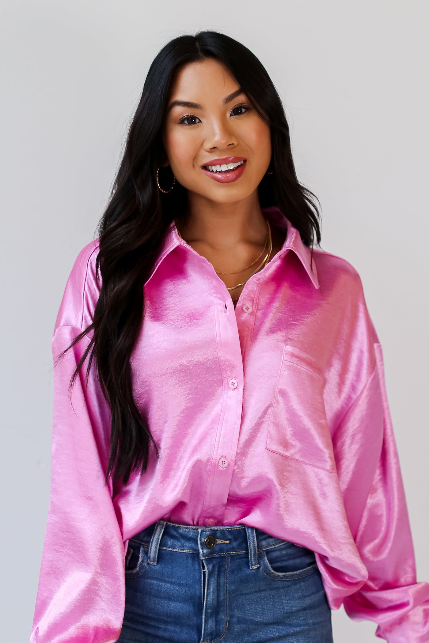 pink Satin Button-Up Blouse front view