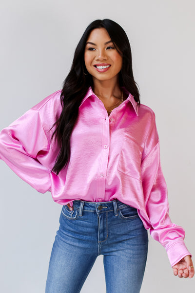 pink  Satin Button-Up Blouse front view