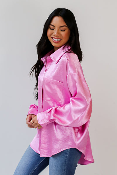 pink Satin Button-Up Blouse side view