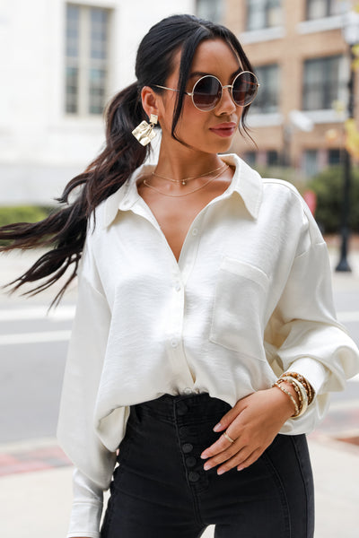 ivory Satin Button-Up Blouse