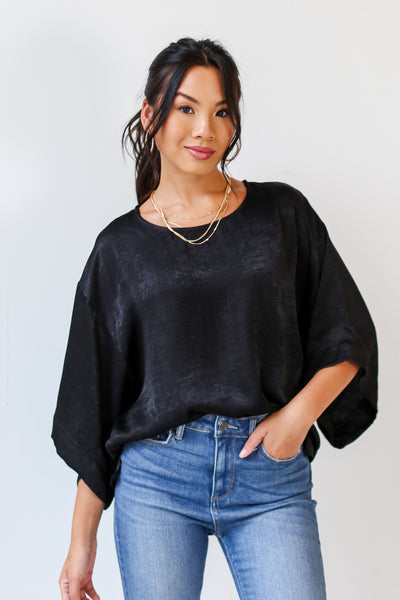 black Satin Oversized Blouse front view