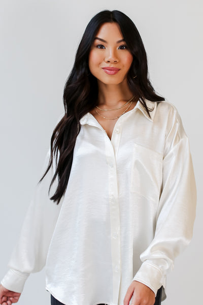 ivory Satin Button-Up Blouse front view