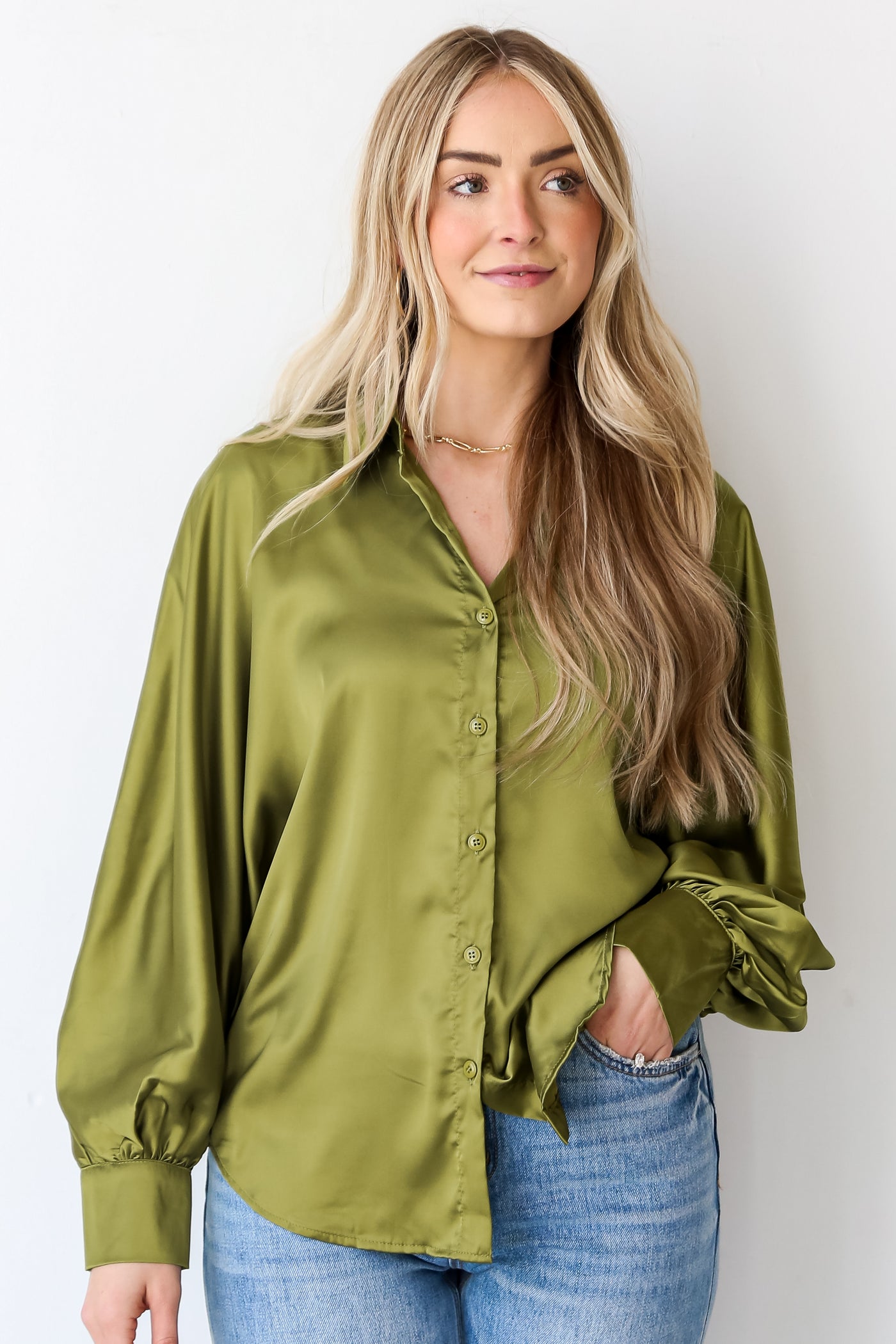 chic green Satin Button-Up Blouse
