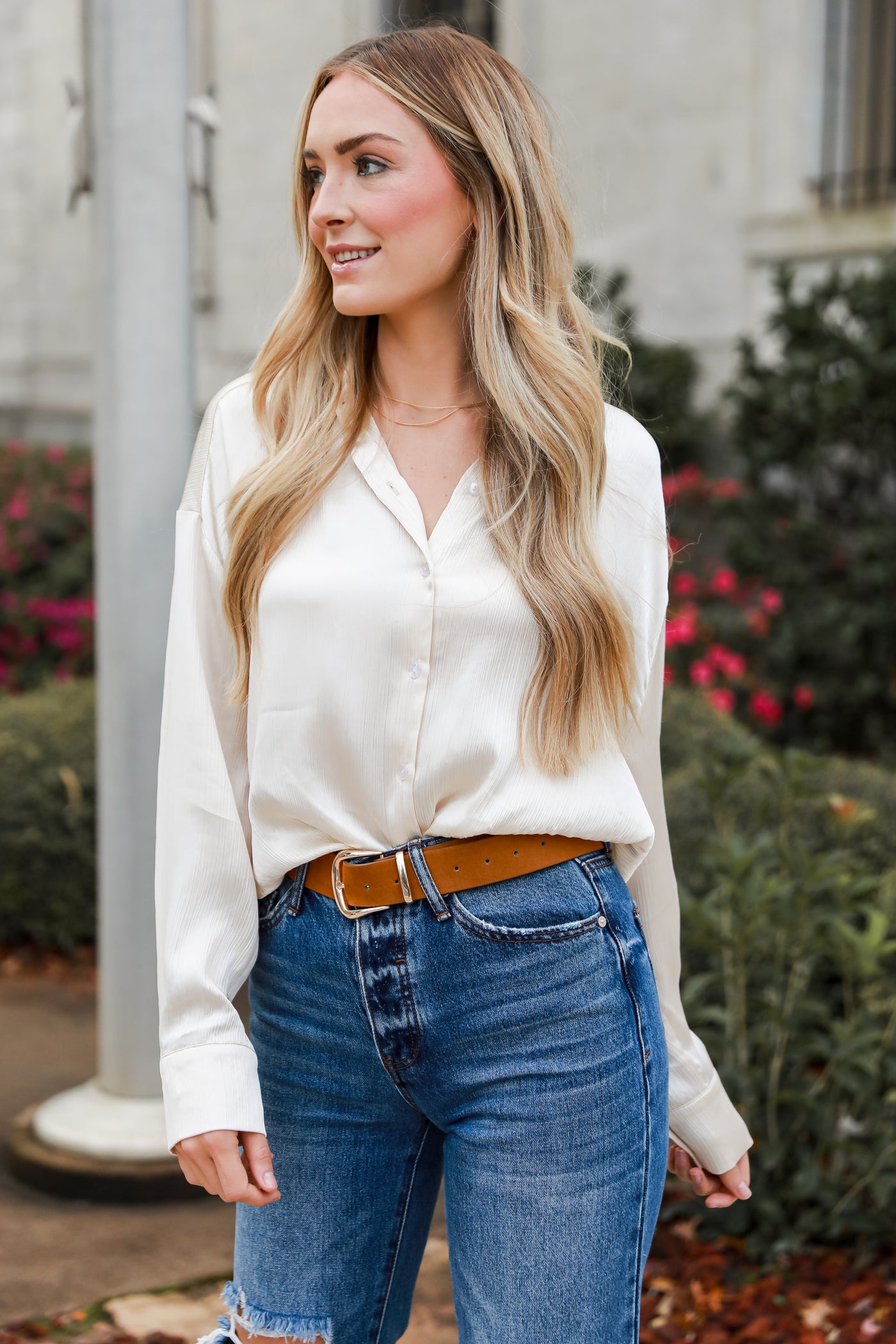 satin ivory Button-Up Blouse