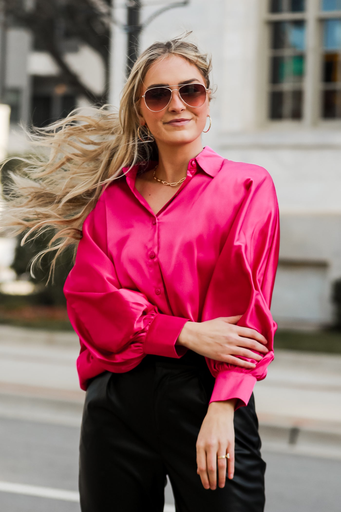 pink Satin Button-Up Blouse