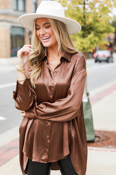 brown satin button up blouse