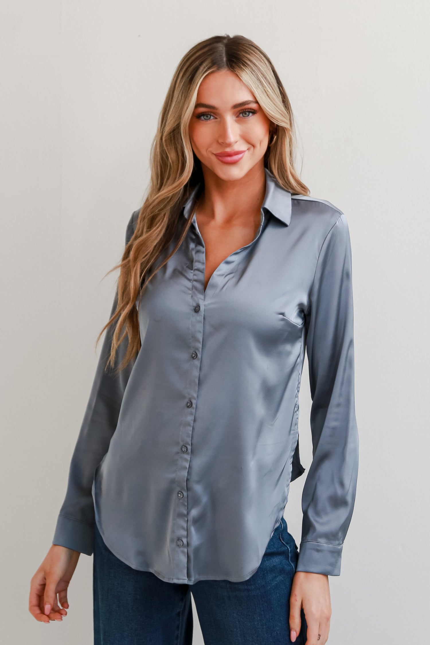 shiny blue Satin Button-Up Blouse