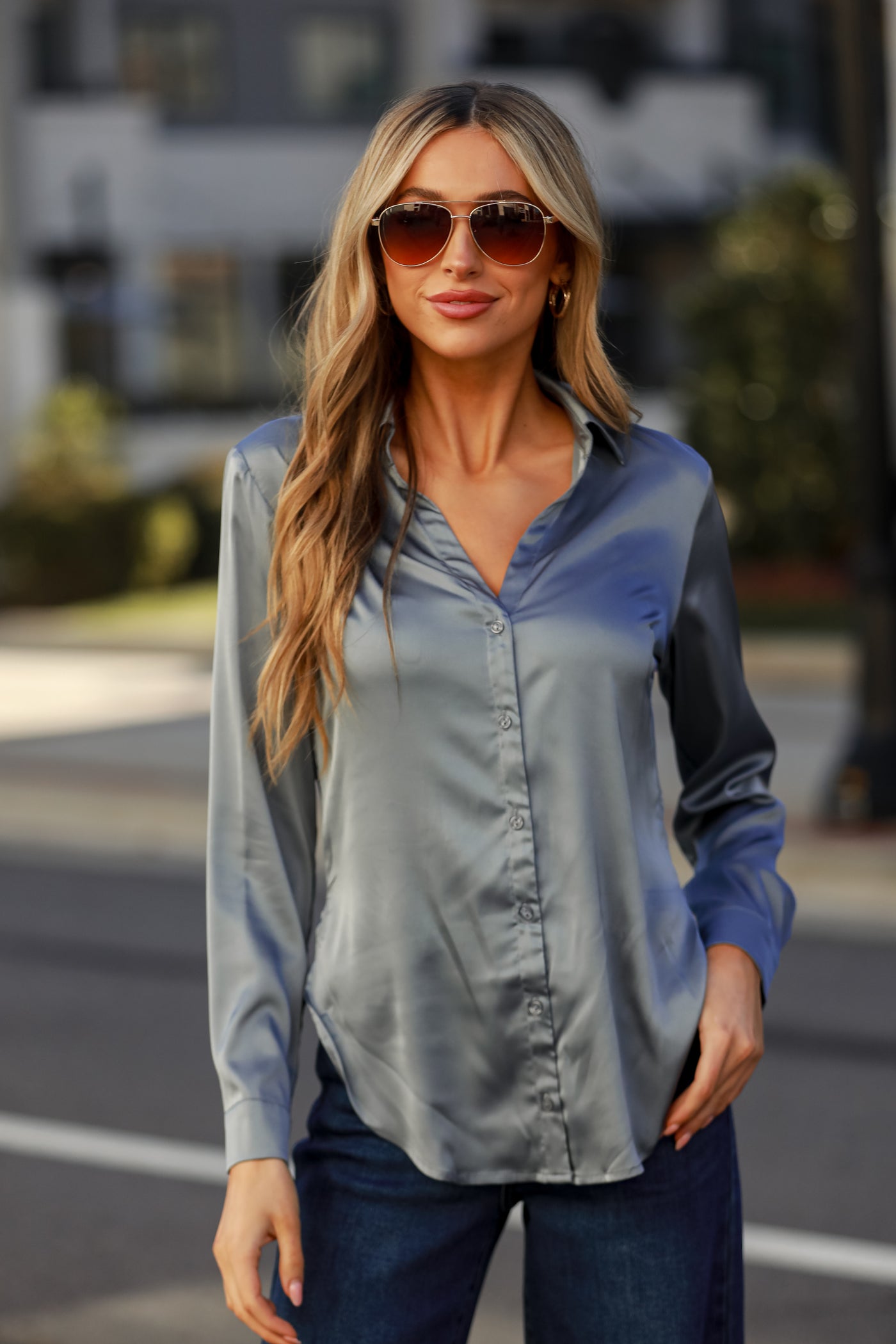 chic blue Satin Button-Up Blouse