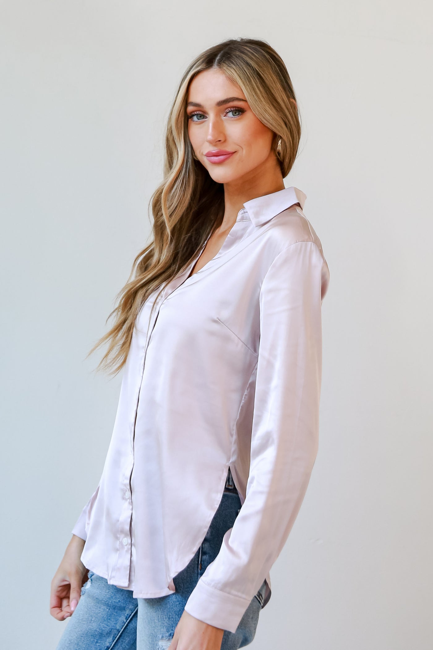 champagne Satin Button-Up Blouse side view