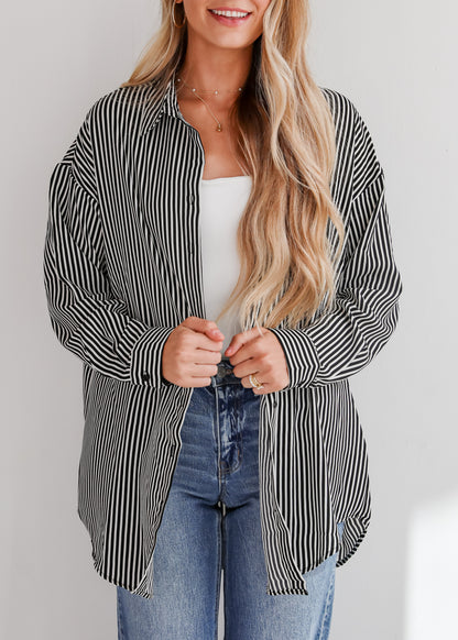 Playfully Composed Black Satin Striped Button-Up Blouse