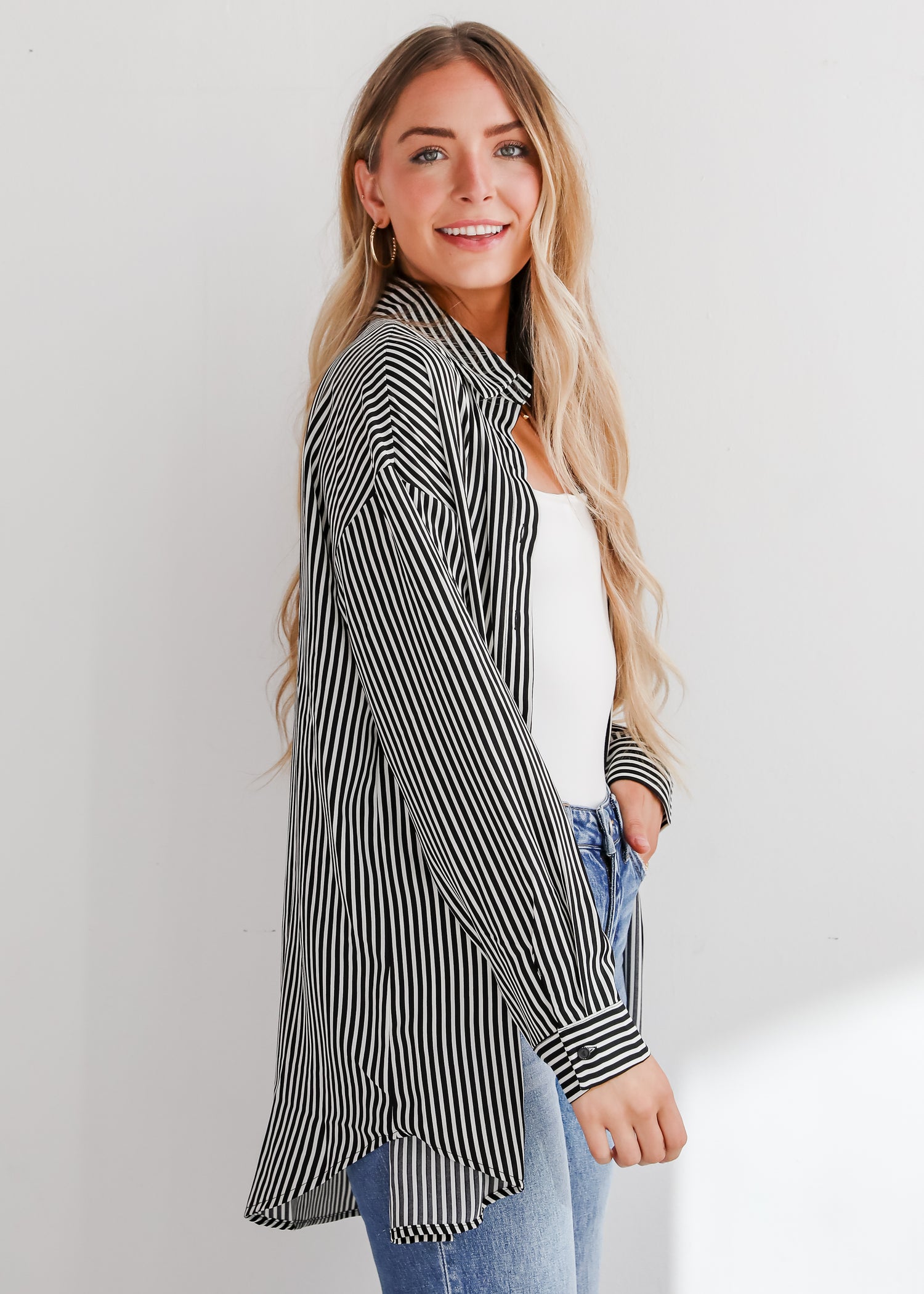 Playfully Composed Black Satin Striped Button-Up Blouse