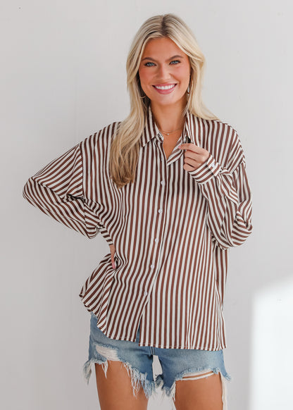 Composed Essence Satin Striped Button-Up Blouse