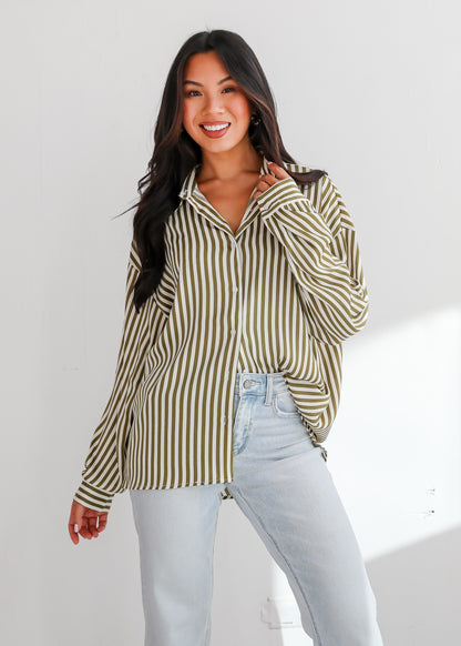 Composed Essence Satin Striped Button-Up Blouse