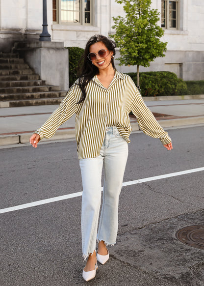 Composed Essence Satin Striped Button-Up Blouse