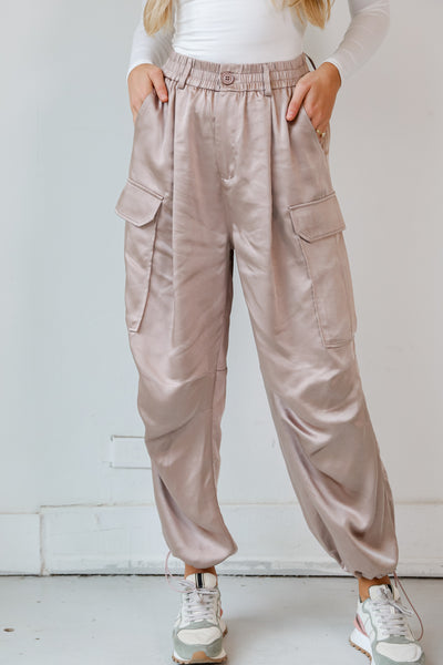Champagne Satin Cargo Pants close up
