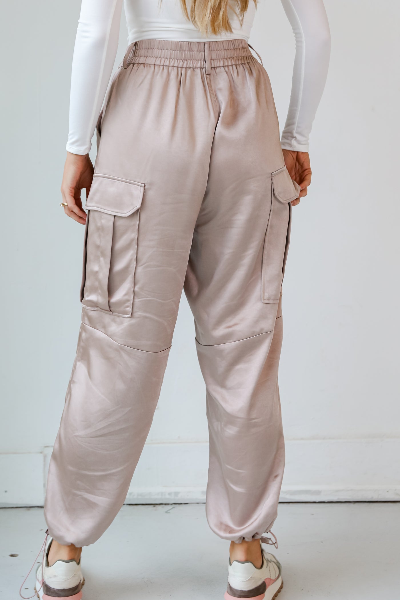 Champagne Satin Cargo Pants back view