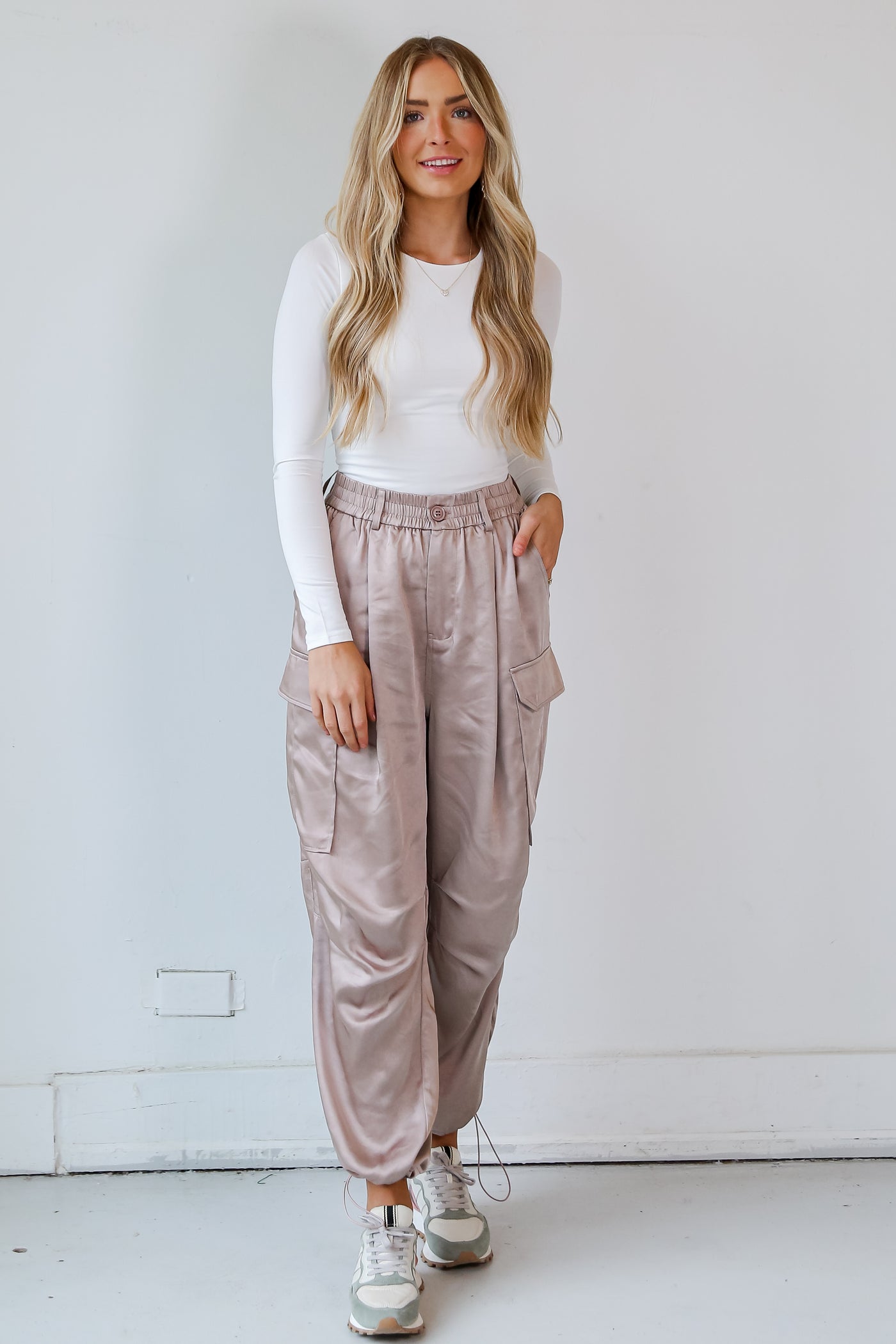 Champagne Satin Cargo Pants front view