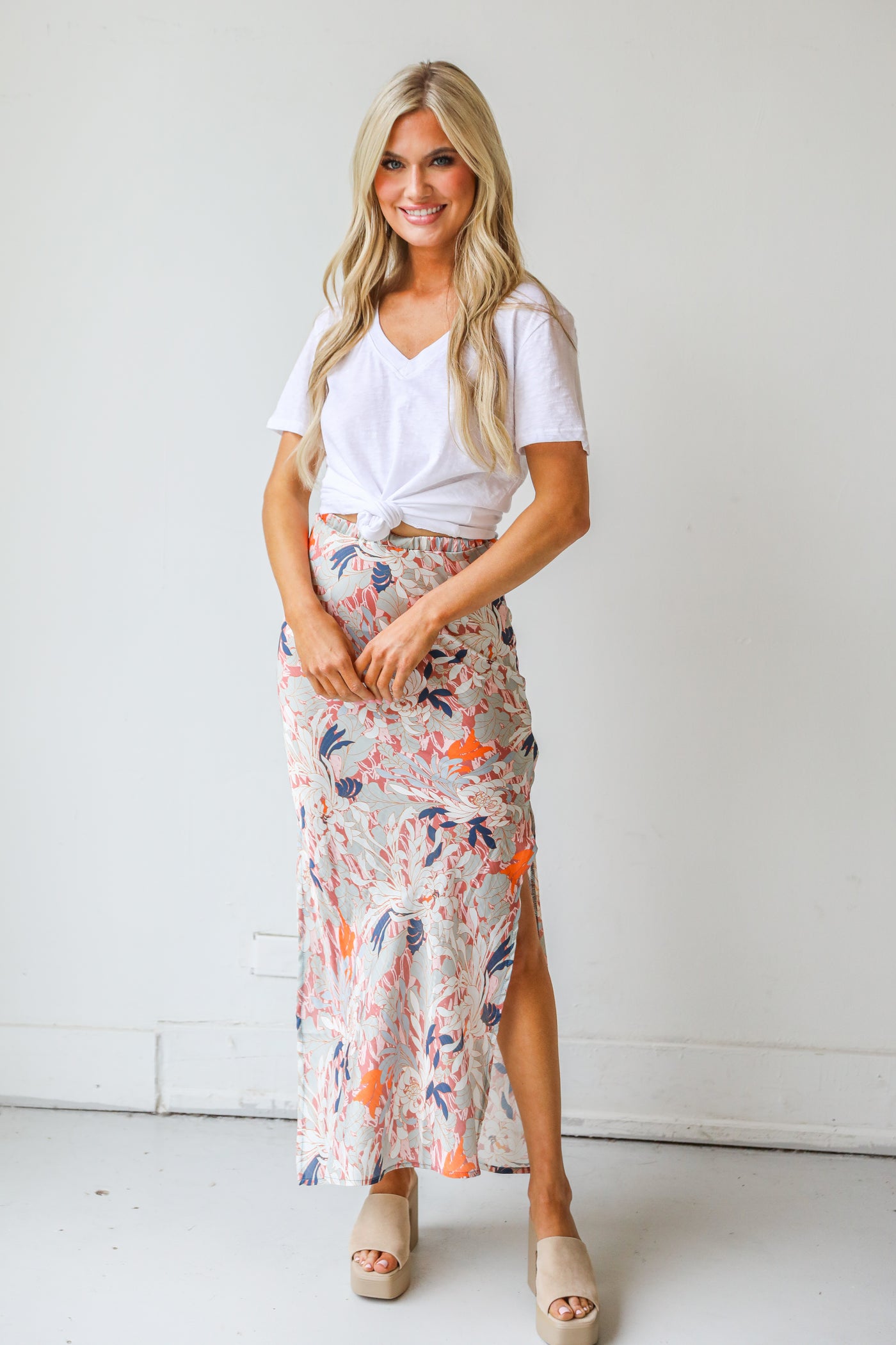 Satin Floral Maxi Skirt on dress up model
