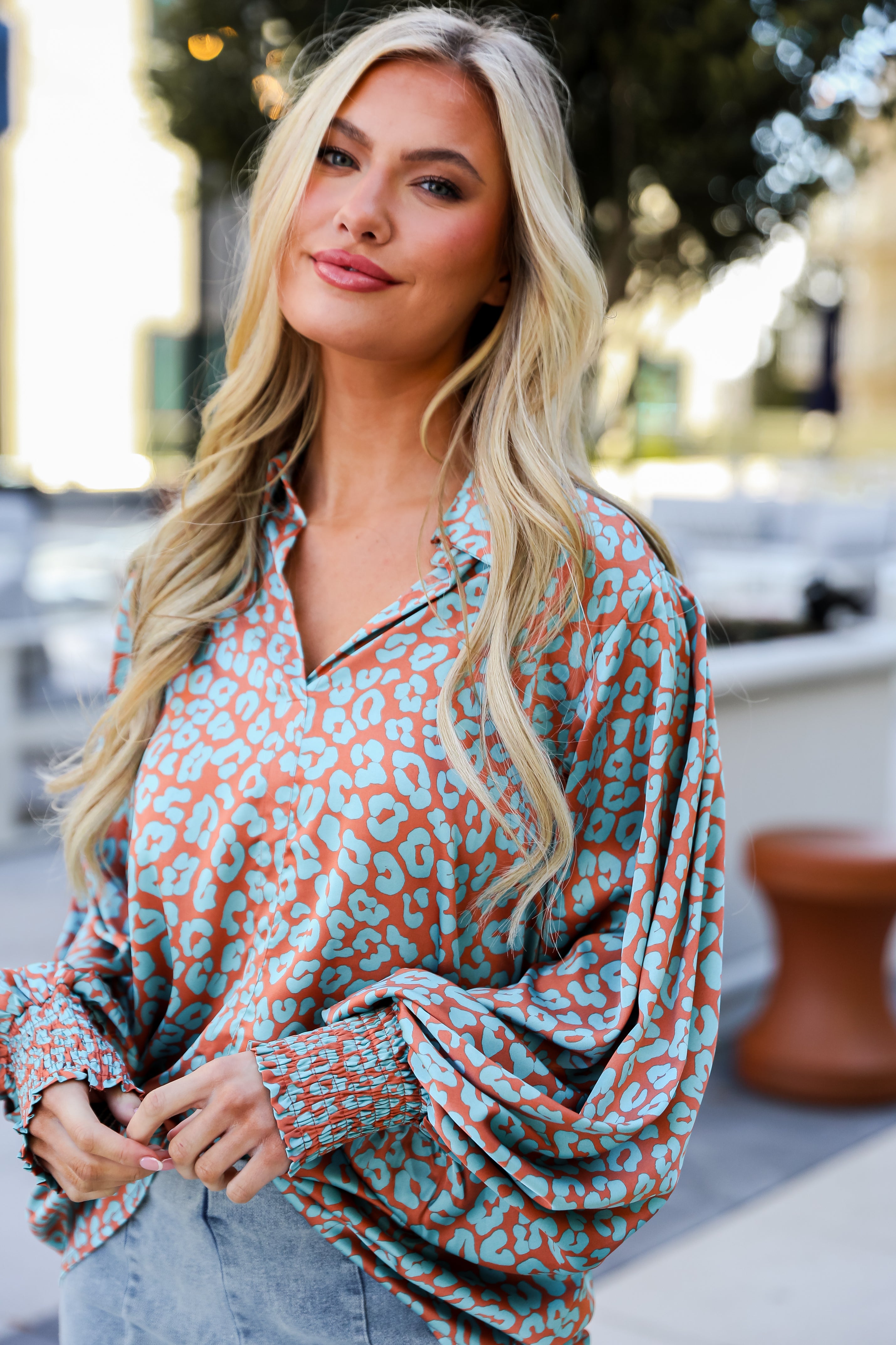 Light Blue Satin Leopard Blouse