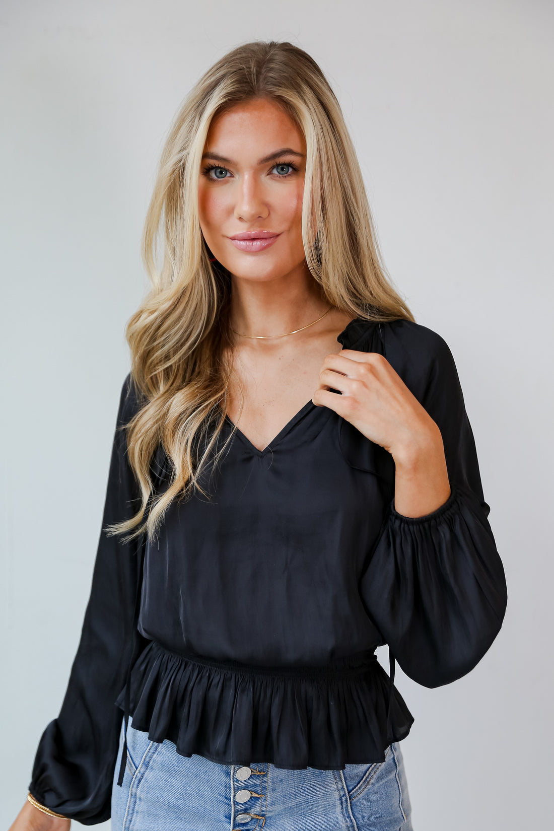 black Satin Peplum Blouse front view