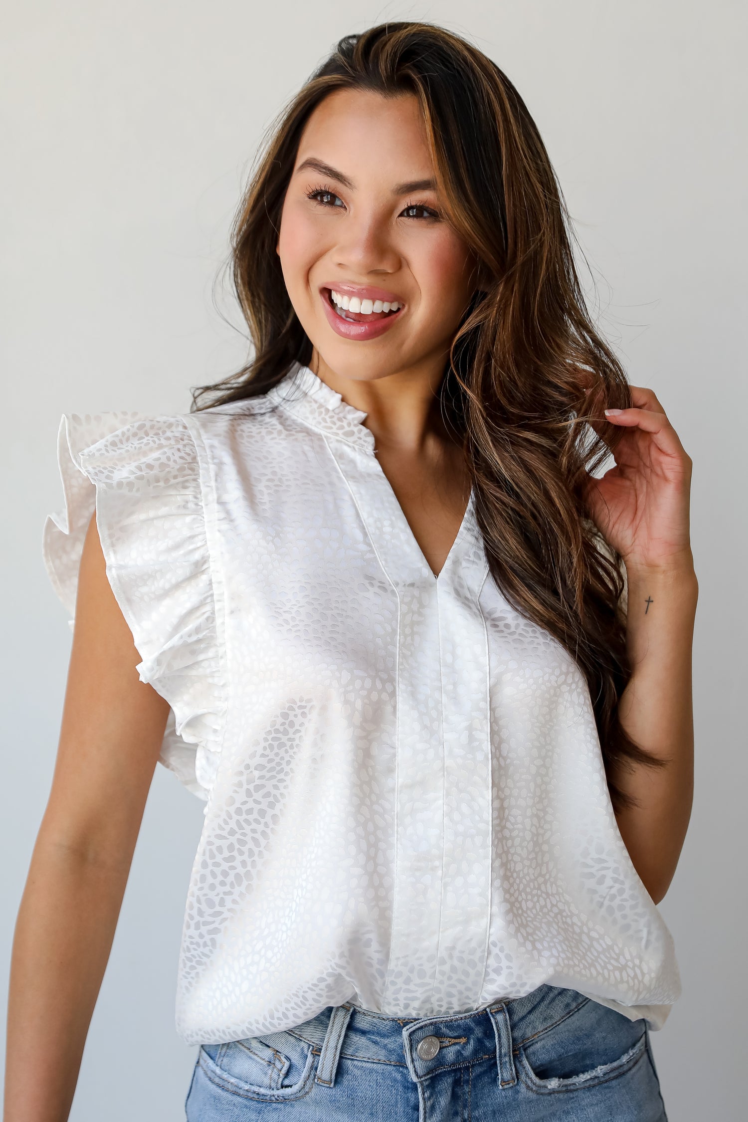 Ivory Satin Ruffle Blouse on model